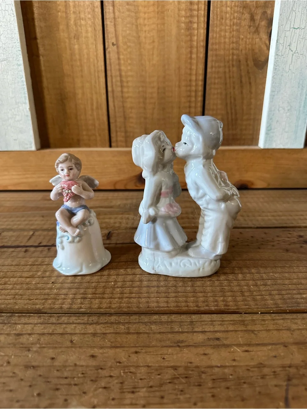 Porcelain Kissing Couple and Cherub Figurines - White with Pink Accents